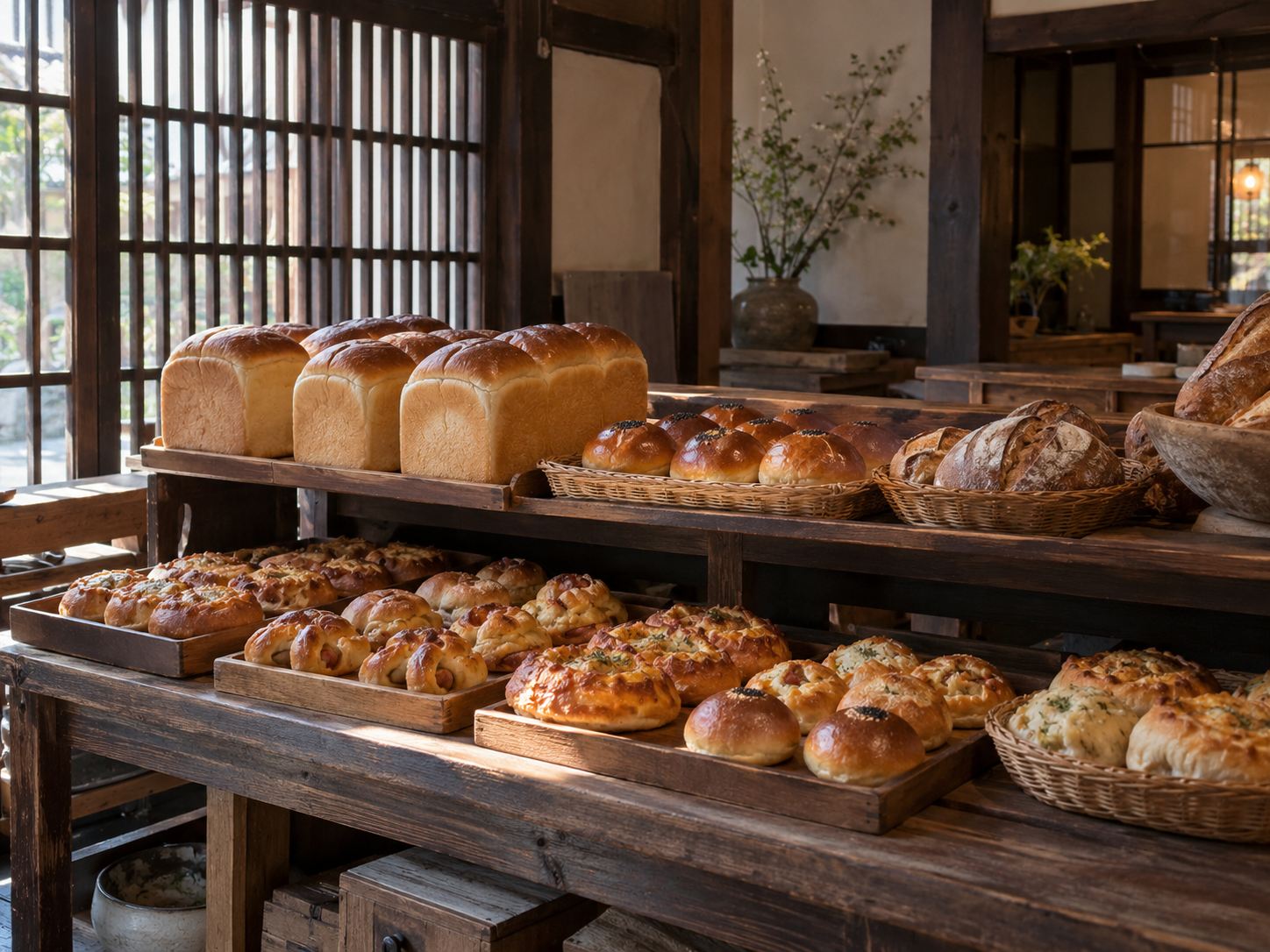 木の棚に並んだ朝のパン