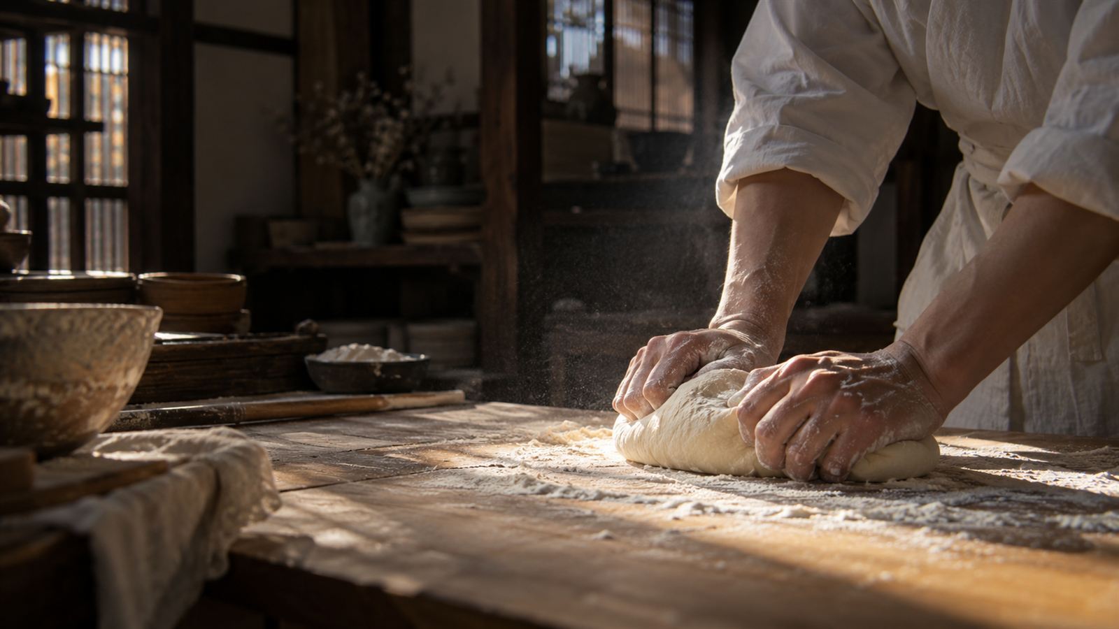 生地をこねる店主の手元