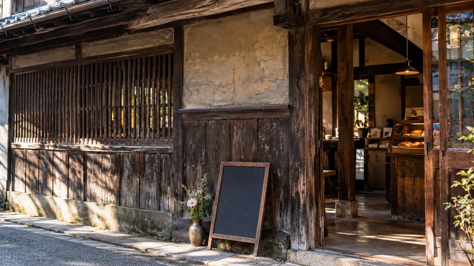 黒板と一輪挿しがある町家の店先
