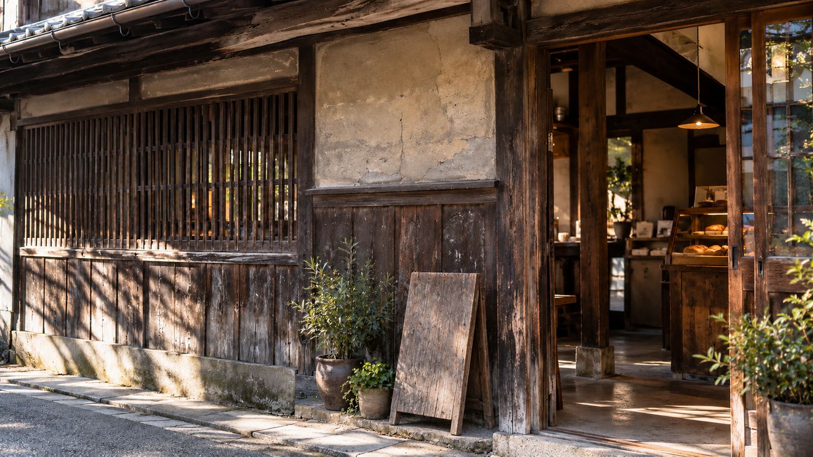 鉢植えと木の看板がある町家の店先