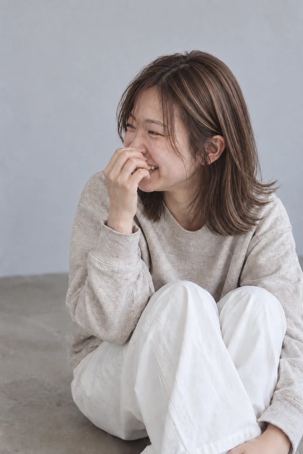 細いベージュのハイライト × ミディアム