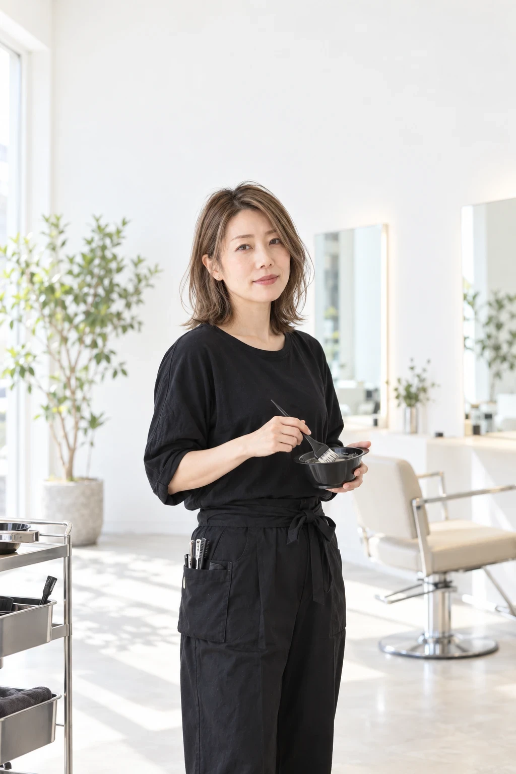 白い店内で、カラー剤のボウルとハケを持つオーナー
